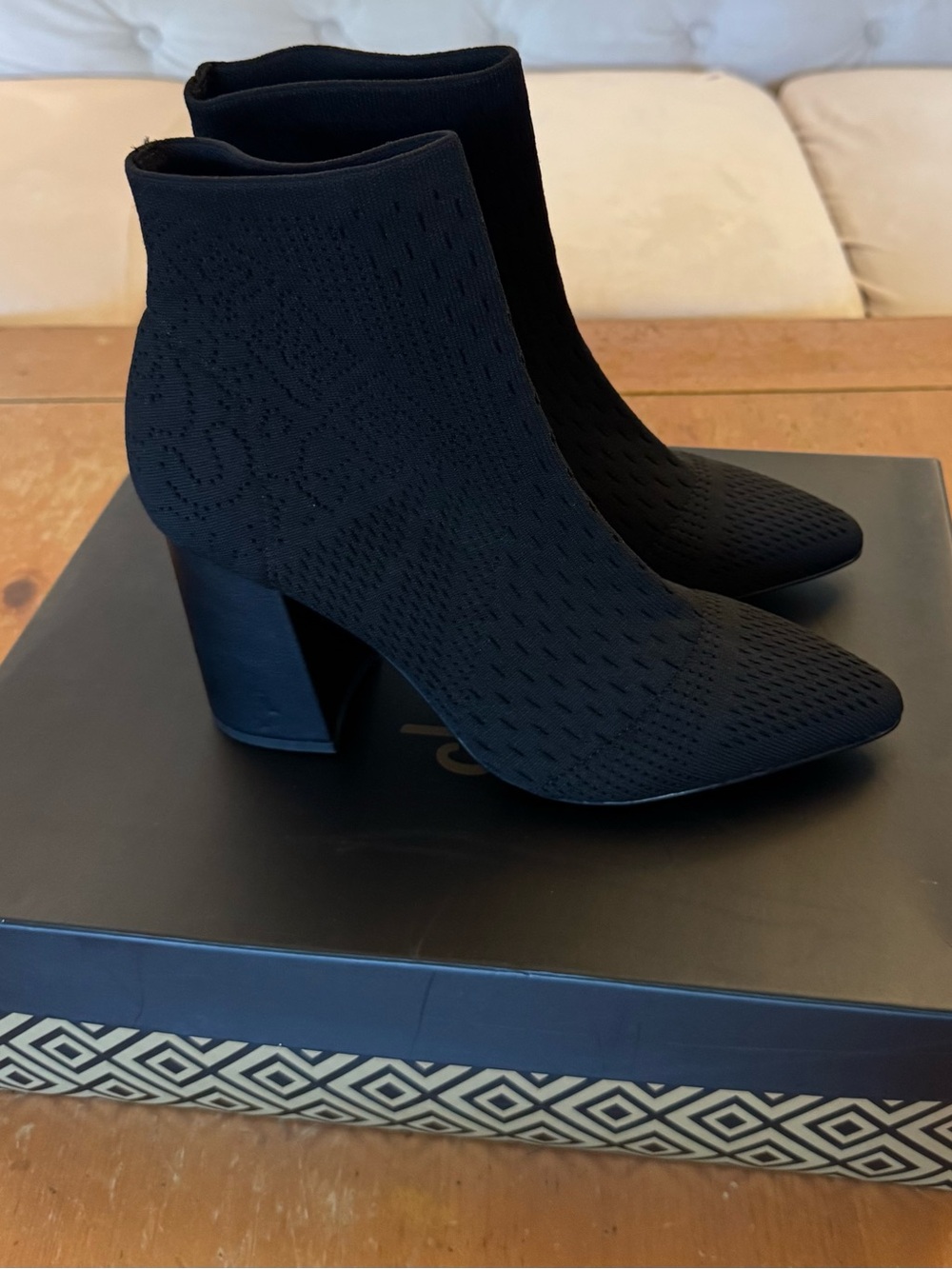 Charles By Charles David Black Pointed-Toe Knit Block Heel Ankle Boots